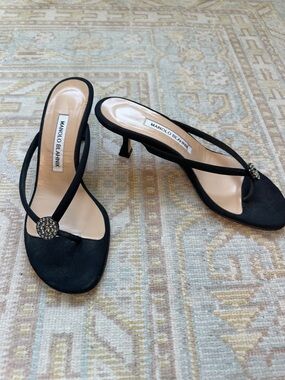 Manolo Blahnik Black Satin Strappy Kitten Heel Sandals with Crystal Accent - 37